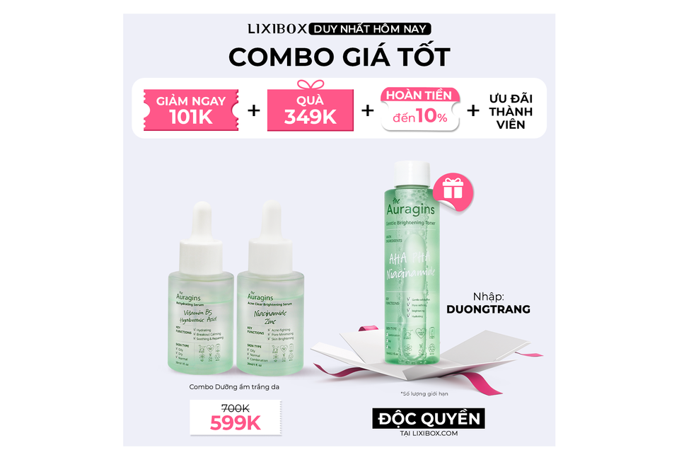 Combo Dưỡng Ẩm Trắng Da với các sản phẩm Serum và Toner của Auragins, giá giảm xuống còn 599K, ưu đãi hoàn tiền và quà tặng cho khách hàng mua sắm.