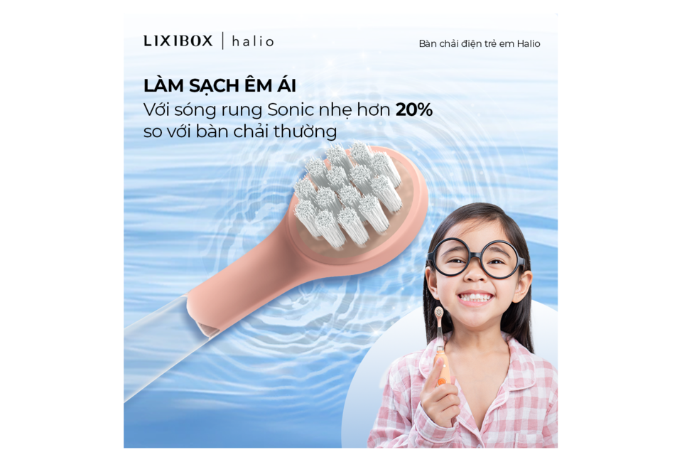 Bàn Chải Điện Dành Cho Trẻ Em Halio Smartsonic, sạch sẽ êm ái với sóng rung Sonic nhẹ hơn 20% so với bàn chải thường, lý tưởng cho trẻ em.
