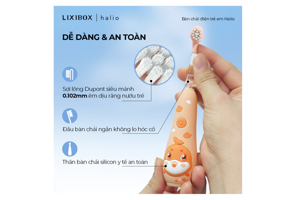 Bàn Chải Điện Dành Cho Trẻ Em Halio Smartsonic Electric Kid Toothbrush với lông Dupont mềm mại, thiết kế đầu bàn chải ngắn, và thân silicon an toàn cho trẻ.