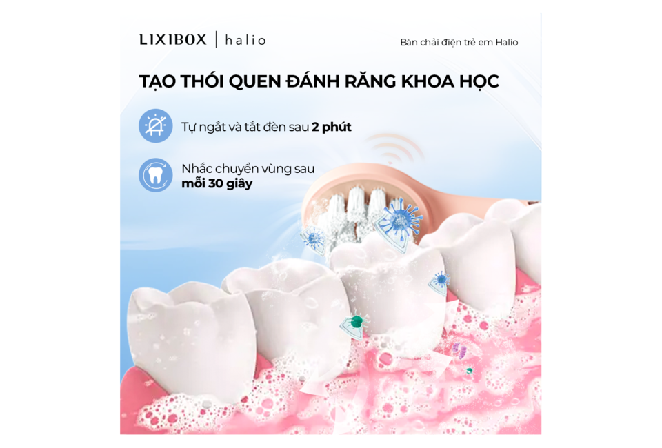 Bàn Chải Điện Dành Cho Trẻ Em Halio Smartsonic cung cấp cơ chế tự ngắt sau 2 phút và nhắc chuyển vùng sau mỗi 30 giây, giúp tạo thói quen đánh răng khoa học cho trẻ em. Sản phẩm thiết kế an toàn, thân thiện với trẻ.
