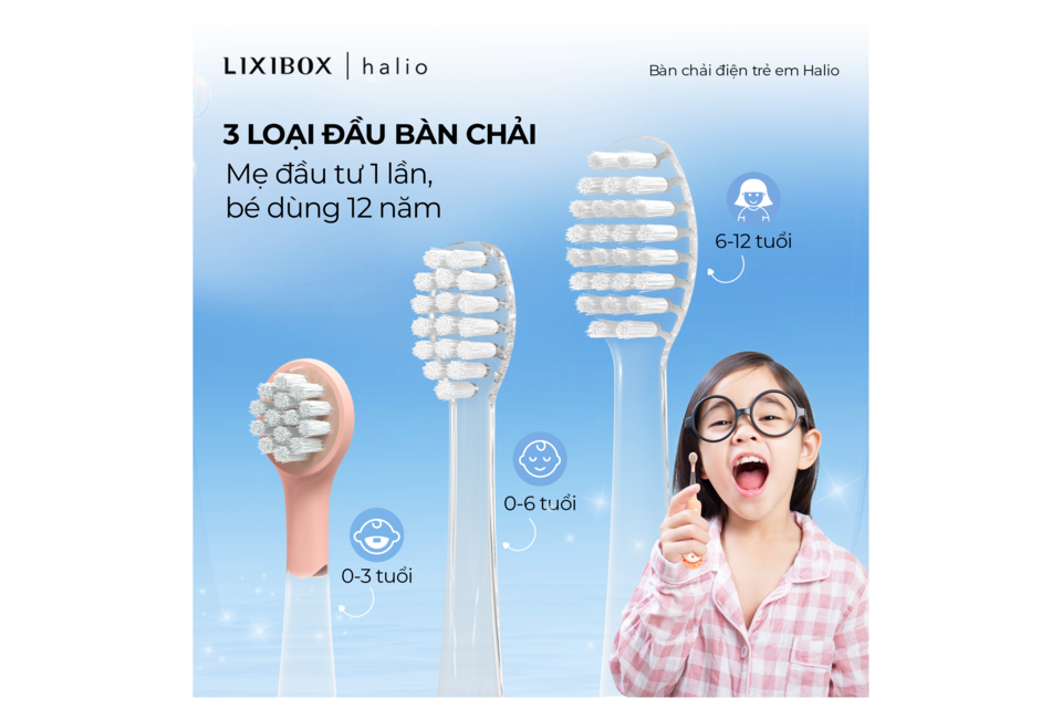 Bàn Chải Điện Dành Cho Trẻ Em Halio Smartsonic Electric Kid Toothbrush với 3 loại đầu bàn chải phù hợp cho trẻ từ 0-12 tuổi, cho trẻ tự tin chăm sóc sức khỏe răng miệng.