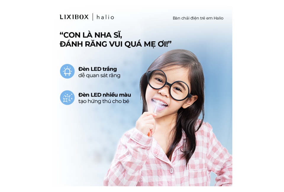 Bàn Chải Điện Dành Cho Trẻ Em Halio Smartsonic, với đèn LED trắng giúp quan sát răng và đèn LED nhiều màu tạo hứng thú cho bé, tôn vinh sự tự tin và sự hứng khởi trong việc chăm sóc răng miệng.