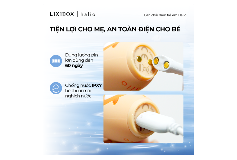 Bàn Chải Điện Dành Cho Trẻ Em Halio Smartsonic Electric Kid Toothbrush với dung lượng pin 60 ngày và khả năng chống nước IPX7, an toàn cho trẻ em trong quá trình sử dụng.