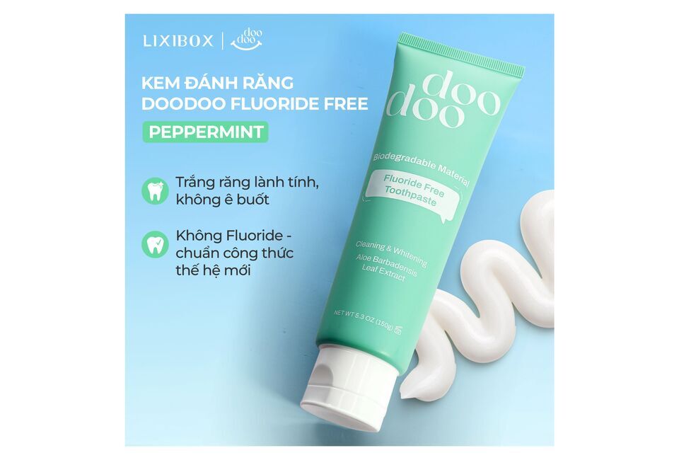 Kem Đánh Răng Doodoo Fluoride Free Toothpaste Làm Trắng Răng 150g Peppermint với công thức không fluoride, chiết xuất lá lô hội, mang đến nụ cười trắng sáng và an toàn cho sức khỏe răng miệng.