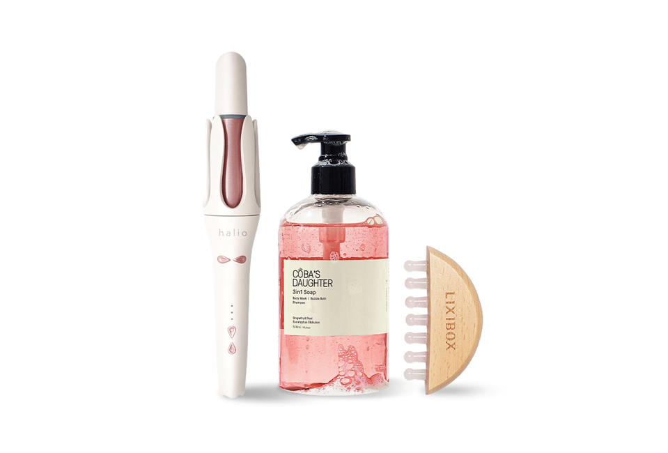 Bộ sản phẩm Combo Chăm sóc tóc mềm mượt Sun-Kissed & Confident bao gồm dụng cụ chóng gãy tóc Halio, 3in1 Soap Cöba's Daughter và lược gỗ LIXIBOX, giúp chăm sóc tóc hiệu quả.