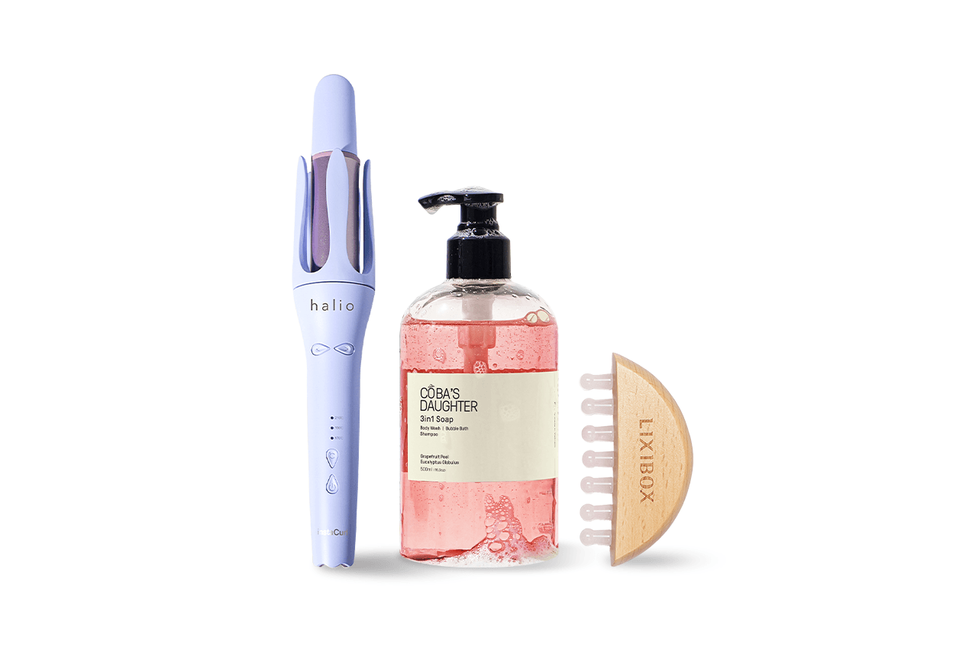Bộ sản phẩm Combo Chăm sóc tóc mềm mượt Sun-Kissed & Confident Kit 5 bao gồm máy tạo kiểu tóc Halio, sản phẩm gội đầu 3 trong 1 CÔBA'S DAUGHTER và lược massage LIXIBOX.