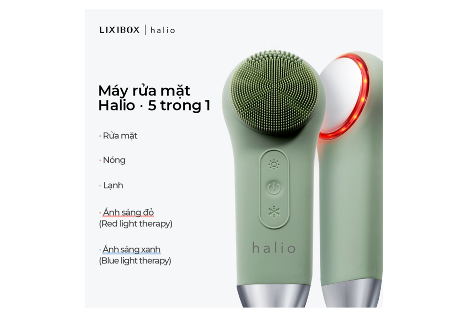 Máy Rửa Mặt Massage Tích Hợp Liệu Pháp Ánh Sáng và Nhiệt Halio Multi-task Cleansing & Massaging Device with Red Blue Light Therapy 5 in 1 màu xanh ng sage, thiết bị làm sạch và massage với các chế độ nóng, lạnh và liệu pháp ánh sáng đỏ, ánh sáng xanh.