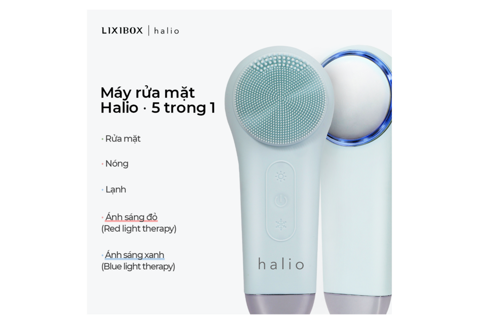Máy Rửa Mặt Massage Tích Hợp Liệu Pháp Ánh Sáng và Nhiệt Halio Multi-task Cleansing & Massaging Device with Red Blue Light Therapy 5 trong 1 - Màu xanh lạnh. Chức năng rửa mặt, nóng, lạnh, ánh sáng đỏ và xanh.