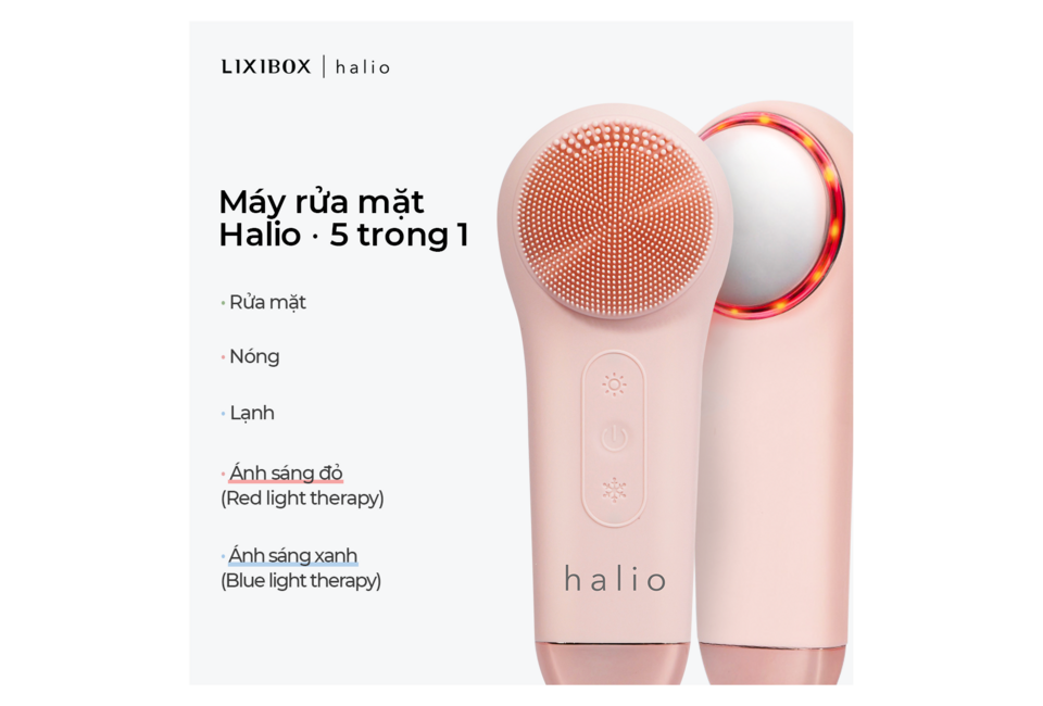 Máy Rửa Mặt Massage Tích Hợp Liệu Pháp Ánh Sáng và Nhiệt Halio Multi-task Cleansing & Massaging Device with Red Blue Light Therapy 5 in 1 - Peach Fuzz giúp rửa mặt, với chế độ nóng, lạnh và ánh sáng đỏ, xanh cho làn da khỏe đẹp.