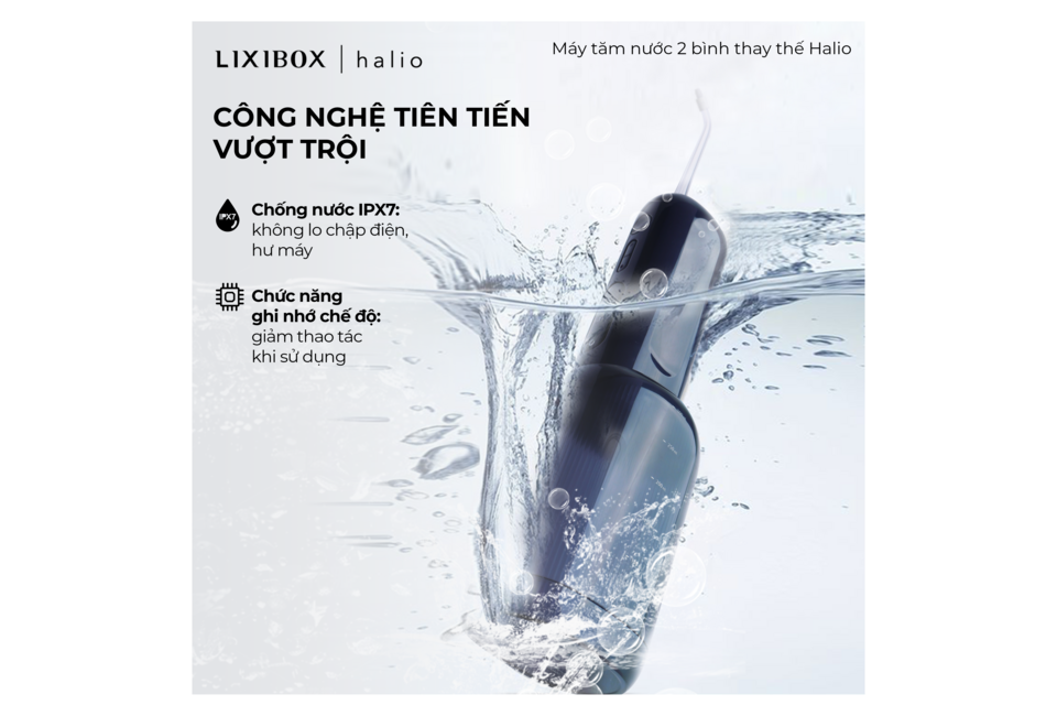 Máy Tăm Nước 2 Bình Thay Thế Halio UltraClean Express Hydro Floss Phiên Bản Nâng Cấp Dành Cho Răng Niềng - Ocean Blue với công nghệ chống nước IPX7 và chức năng ghi nhớ chế độ.