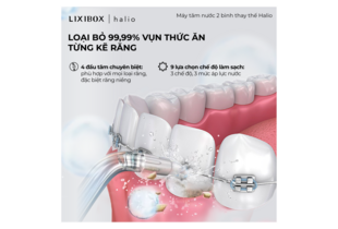 Máy Tăm Nước 2 Bình Thay Thế Halio UltraClean Express Hydro Floss Phiên Bản Nâng Cấp Dành Cho Răng Niềng - Ocean Blue, hiệu quả loại bỏ 99,99% mảnh vụn thức ăn với 4 đầu tăm chuyên biệt cho mọi loại răng, đặc biệt là răng niềng, và 9 lựa chọn chế độ làm sạch với 3 mức áp lực nước.