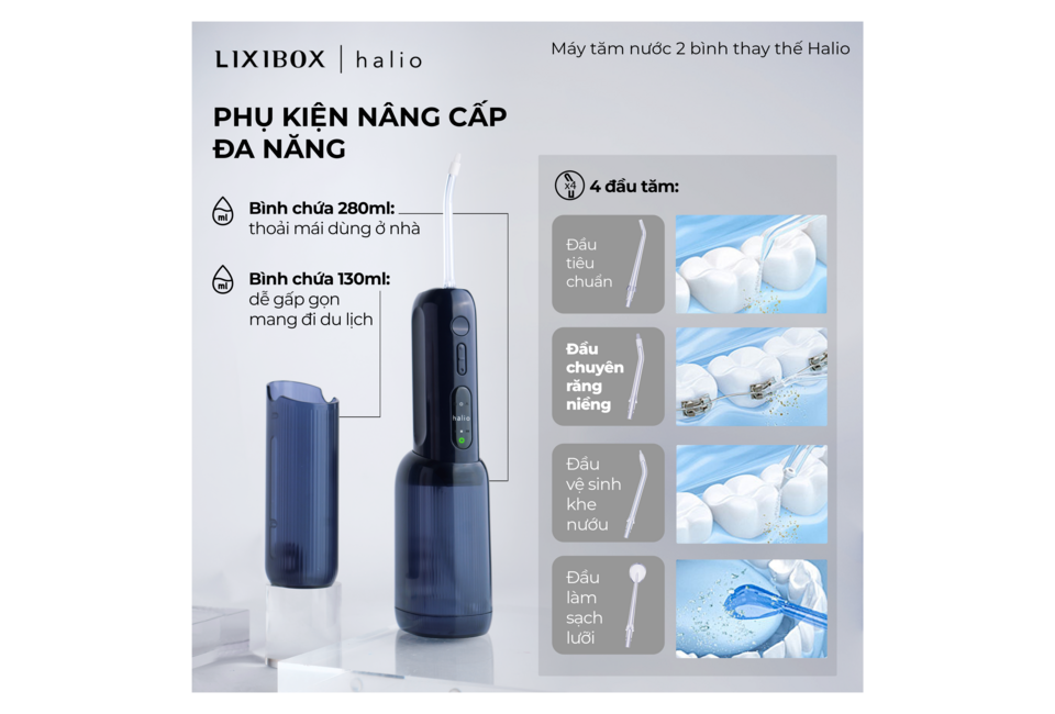 Máy Tăm Nước 2 Bình Thay Thế Halio UltraClean Express Hydro Floss Phiên Bản Nâng Cấp Dành Cho Răng Niềng - Ocean Blue với phụ kiện nâng cấp đa năng, bình chứa 280ml và 130ml, kèm 4 đầu tăm cho hiệu quả làm sạch tối ưu.