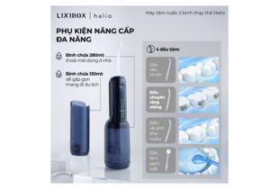 Máy Tăm Nước 2 Bình Thay Thế Halio UltraClean Express Hydro Floss Phiên Bản Nâng Cấp Dành Cho Răng Niềng - Ocean Blue với phụ kiện nâng cấp đa năng, bình chứa 280ml và 130ml, kèm 4 đầu tăm cho hiệu quả làm sạch tối ưu.