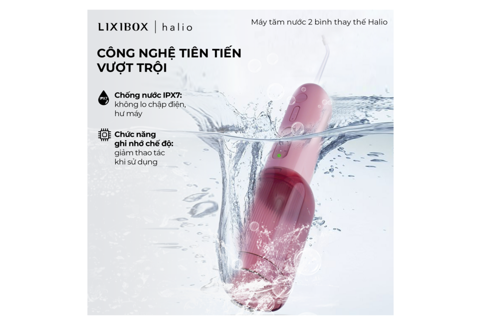 Máy Tăm Nước 2 Bình Thay Thế Halio UltraClean Express Hydro Floss Phiên Bản Nâng Cấp Dành Cho Răng Niềng - Muted Rose, thiết kế chống nước IPX7 và chức năng ghi nhớ chế độ, mang lại trải nghiệm vệ sinh răng miệng hiệu quả và tiện lợi.