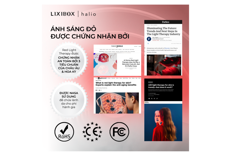 Máy Ánh Sáng Đỏ Tăng Sinh Collagen Halio Red Light Therapy Device 3 in 1, công nghệ ánh sáng đỏ an toàn, được chứng nhận bởi 3 tiêu chuẩn Châu Âu & Hoa Kỳ, sử dụng để chăm sóc da và phục hồi hiệu quả.