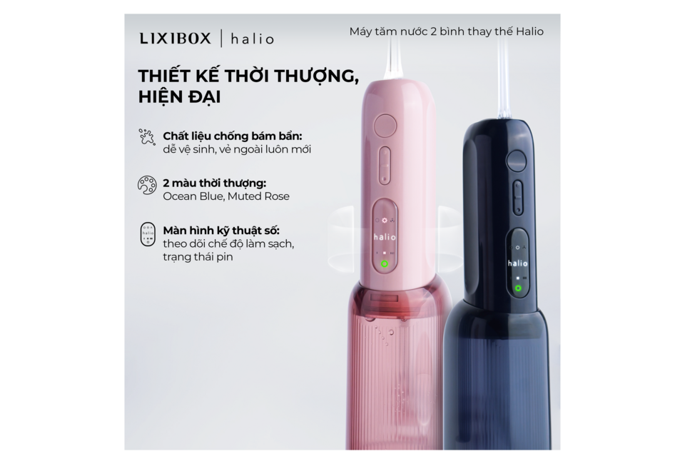 Máy Tăm Nước 2 Bình Thay Thế Halio UltraClean Express Hydro Floss phiên bản nâng cấp dành cho răng niềng, thiết kế hiện đại với 2 màu: Ocean Blue, Muted Rose, và màn hình kỹ thuật số hiển thị chế độ làm sạch, trạng thái pin.