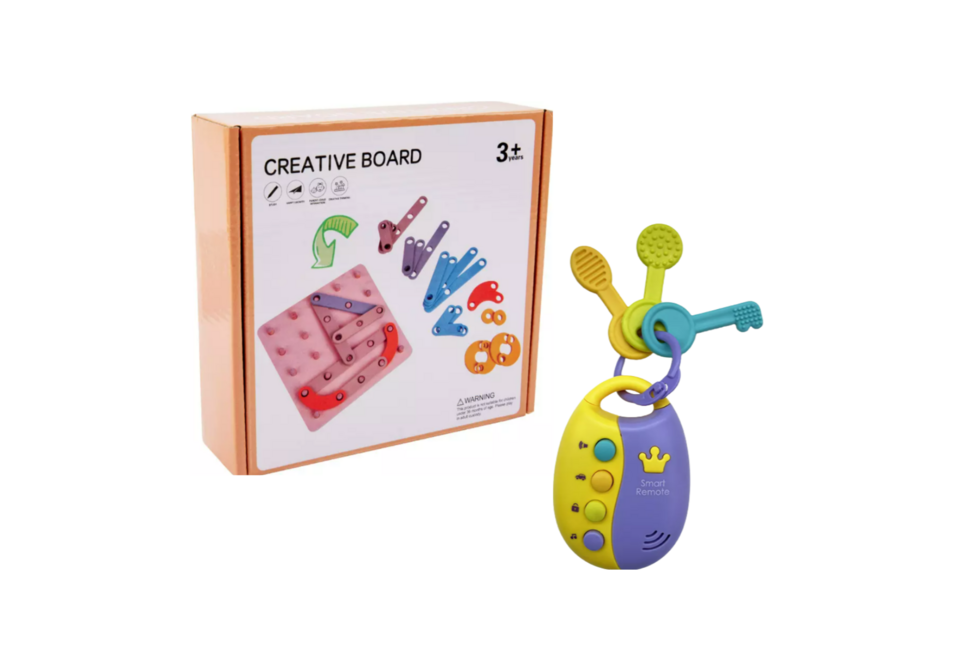 Đồ Chơi Gỗ Ghép Hình Creative Shape Puzzle kết hợp Đồ Chơi Móc Khóa Kết Hợp Âm Thanh Huanger Smart Remote, thích hợp cho trẻ từ 3 tuổi trở lên, phát triển tư duy sáng tạo và khả năng phối hợp tay-mắt.