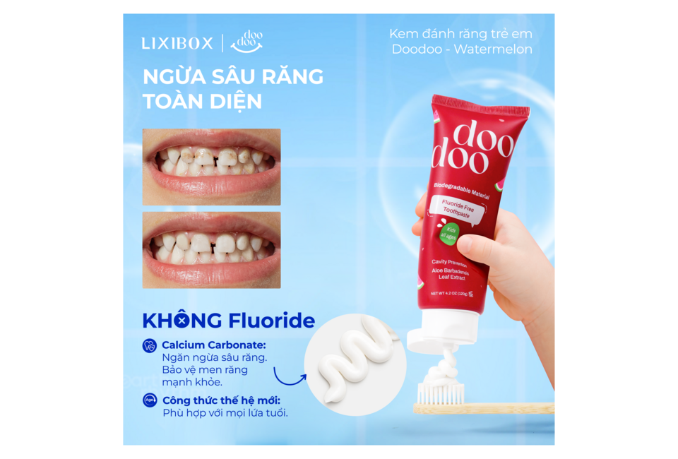 Kem Đánh Răng Doodoo Fluoride Free Toothpaste Kids All Ages 120g vị Dưa Hấu, bao bì thu hút, công thức không chứa fluoride, thành phần an toàn cho mọi lứa tuổi, giúp ngừa sâu răng và bảo vệ men răng khỏe mạnh.