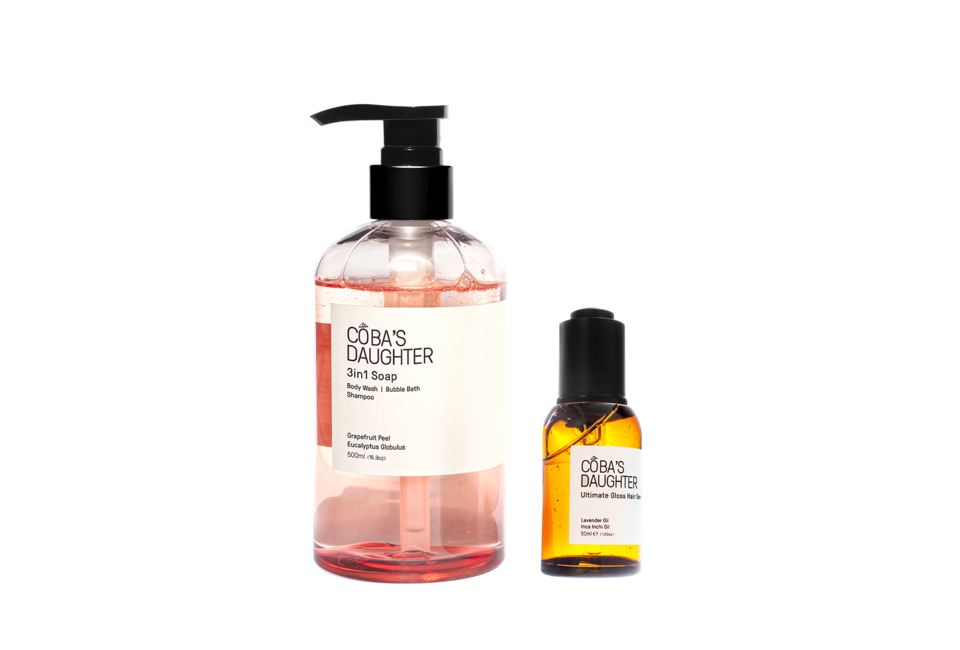 Combo Tóc Sạch Mềm Mượt Gel tắm 3in1 Grapefruit Peel & Eucalyptus Globulus và Dầu Dưỡng Tóc CoBa's Daughter, bao gồm gel tắm 3 trong 1 cùng với dầu dưỡng tóc, mang lại sự sạch sẽ và mềm mượt cho tóc.