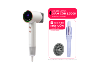 Máy Sấy Tóc Halio giảm giá còn 3.300K với mã NHẬP GIAM200 và khuyến mãi tặng kèm Máy Uốn Tóc tự xoay Halio trị giá 1.900K, nổi bật với thiết kế màu trắng và xanh periwinkle.