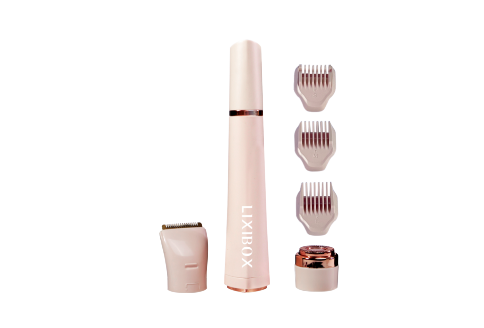 Máy Tỉa Lông 3 Đầu Thay Thế Lixibox 3in1 Hair Remover màu hồng với các đầu thay thế kích thước S, M, L, kèm theo thân máy ôm tay, thiết kế hiện đại.