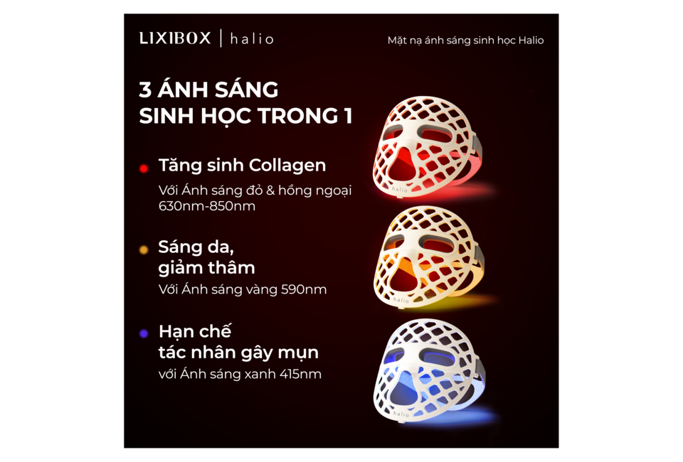 Mặt Nạ Ánh Sáng Sinh Học Halio PureGlow Ultralite Silicone LED Face Mask với 3 chế độ ánh sáng: đỏ, vàng và xanh, giúp tăng sinh collagen, làm sáng da và hạn chế tác nhân gây mụn.