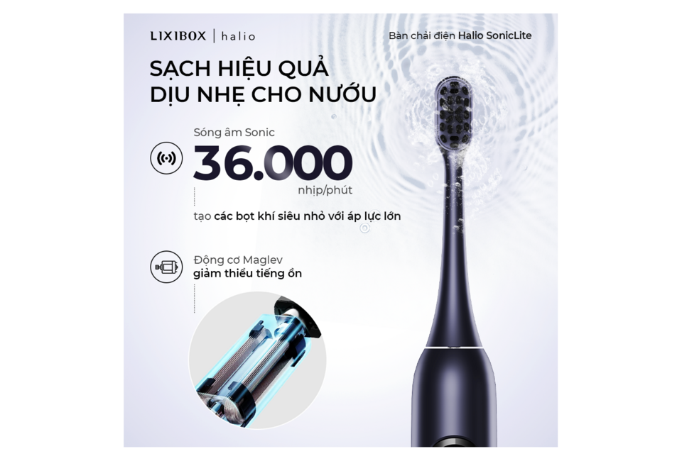 Bàn Chải Điện Halio SonicLite màu Xanh Biển với sóng âm Sonic 36.000 nhịp/phút, tạo bọt khí siêu nhỏ, động cơ Maglev giảm tiếng ồn, mang lại trải nghiệm làm sạch hiệu quả và dịu nhẹ cho nướu.