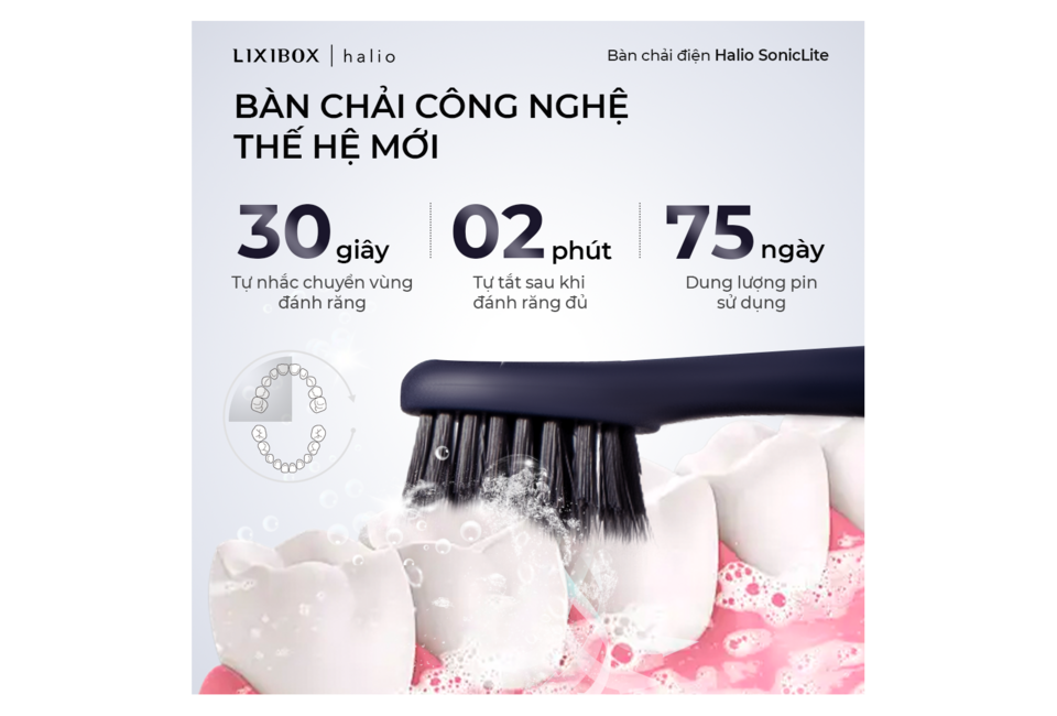 Bàn Chải Điện Halio SonicLite Electric Toothbrush - Ocean Blue với thiết kế hiện đại, thời gian tự động nhắc đổi vùng đánh răng 30 giây và tự tắt sau 02 phút, sử dụng lên tới 75 ngày.