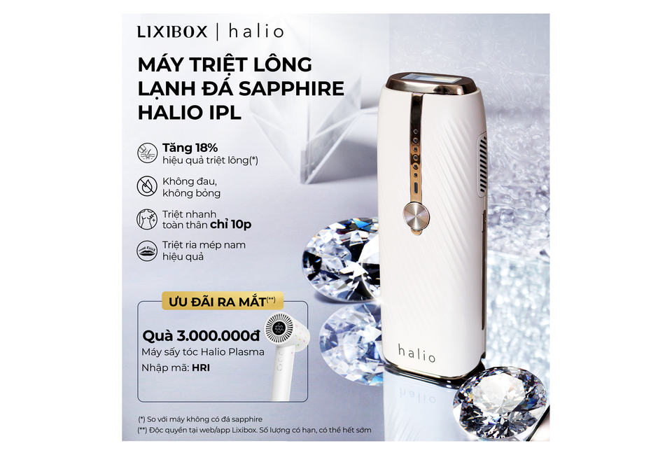 Máy Triệt Lông Lạnh Sapphire Halio IPL với ưu đãi tặng Máy sấy tóc Halio Plasma. Hiệu quả 18%, không đau, triệt nhanh toàn thân chỉ 10 phút.
