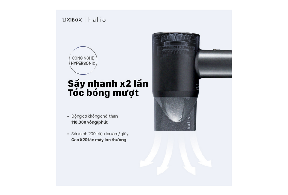 Máy Sấy Tóc Halio với công nghệ Hypersonic, sấy nhanh gấp 2 lần, tạo 200 triệu ion ẩm/giây, dễ dàng tạo kiểu tóc bóng mượt, đi kèm với máy uốn tóc tự xoay Halio - White - periwinkle.