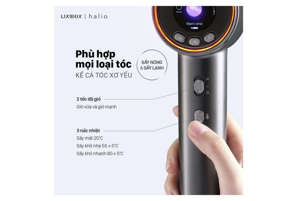 Máy Sấy Tóc Halio thiết kế hiện đại, phù hợp với mọi loại tóc. Với 2 tốc độ gió và 3 nấc nhiệt, sản phẩm giúp sấy tóc nhẹ nhàng, nhanh chóng. Lưu ý: nhập GIAM200 để giảm thêm 200K.