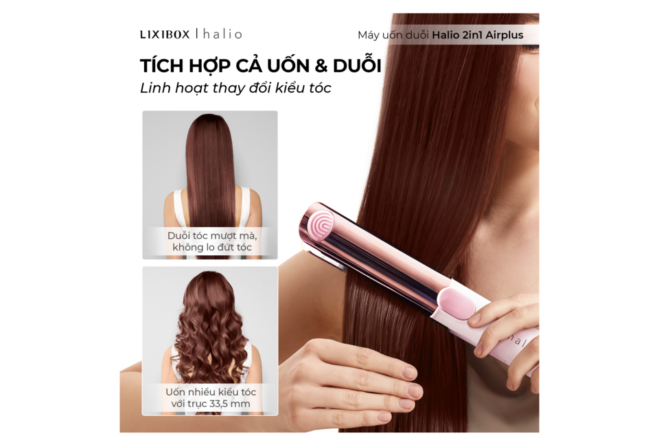 Máy tạo kiểu Halio 2in1 Airplus, tích hợp uốn và duỗi tóc. Hướng dẫn sử dụng để có mái tóc mượt mà, không lo rối. Trục 33,5 mm cho nhiều kiểu tóc khác nhau.