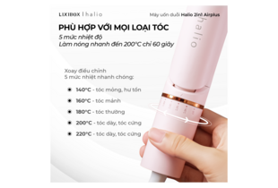 Máy Tạo Kiểu Halio 2in1 Airplus giúp tạo kiểu tóc với 5 mức nhiệt độ, làm nóng đến 200°C chỉ trong 60 giây, phù hợp với mọi loại tóc.