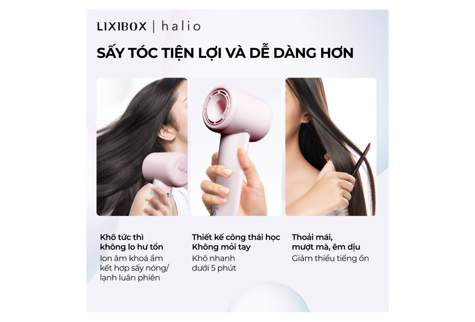 Máy Sấy Tóc Halio High Speed Ionic Hair Dryer với thiết kế nhỏ gọn, hiện đại. Sấy tóc nhanh chóng dưới 5 phút, giảm tiếng ồn, mang lại sự thoải mái và mượt mà cho tóc. Thiết kế ấn tượng, kết hợp ion âm, giữ tóc khỏe mạnh.