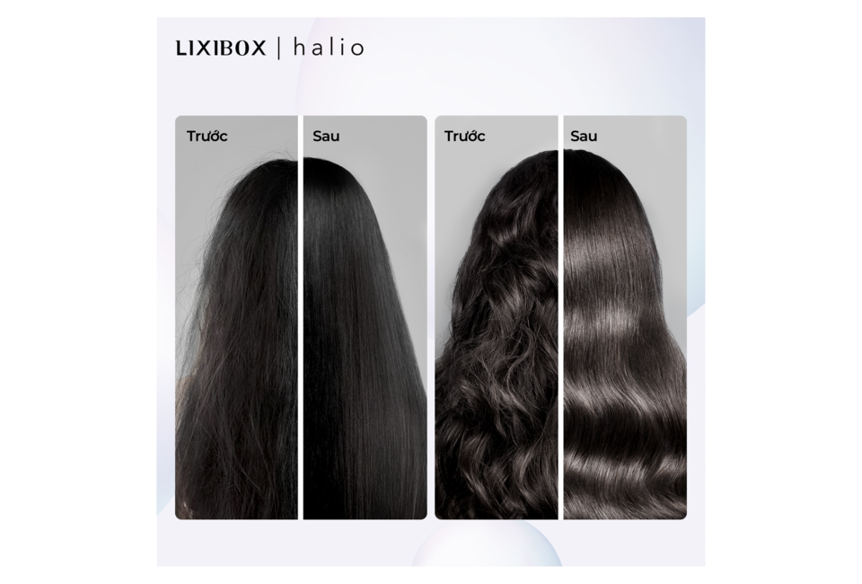 Hình ảnh so sánh hiệu quả của Máy Sấy Tóc Halio High Speed Ionic Hair Dryer với hai kiểu tóc, một tóc thẳng láng mượt và một kiểu tóc xoăn sóng nước, thể hiện sự khác biệt rõ rệt trước và sau khi sử dụng.