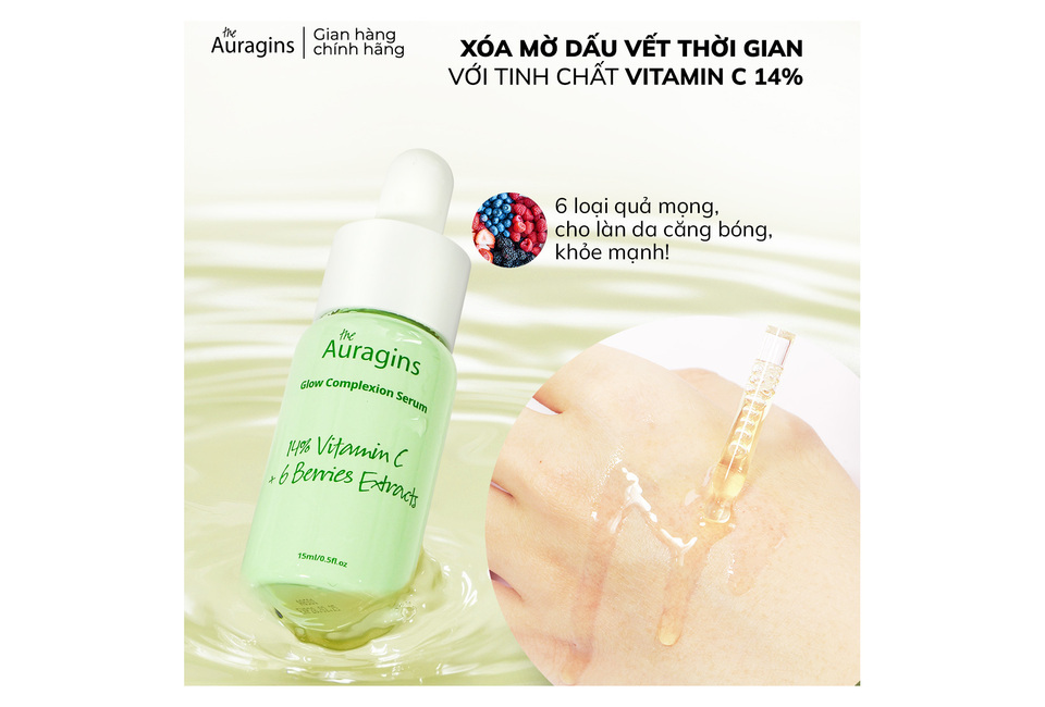 Tinh Chất The Auragins Glow Complexion Serum 14% Vitamin C + 6 Berries Extracts 15ml với công thức dưỡng sáng da, giảm thâm nám, cung cấp độ ẩm và làm săn chắc da, giúp làn da khỏe mạnh và rạng rỡ hơn.