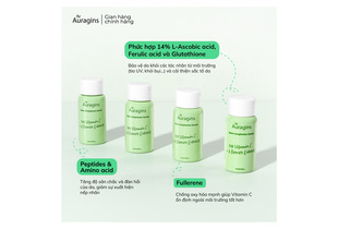 Tinh Chất The Auragins Glow Complexion Serum 14% Vitamin C + 6 Berries Extracts, 15ml, giúp sáng da, giảm thâm nám, bảo vệ da chống lại tác nhân môi trường với công thức chứa Peptides, Amino acid và Fullerenes.