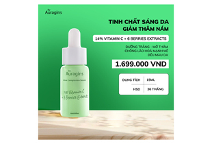 Tinh Chất The Auragins Glow Complexion Serum 14% Vitamin C + 6 Berries Extracts giúp làm sáng da, giảm thâm nám, dung tích 15ml, giá 1.699.000 VND, hạn sử dụng 36 tháng.