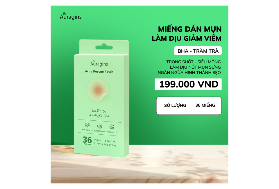 Miếng Dán Mụn The Auragins Acne Rescue Patch Chứa BHA Làm Dịu Giảm Viêm, gồm 36 miếng, với chiết xuất tràm trà, giúp làm sạch mụn và ngăn ngừa hình thành sẹo, giá 199.000 VNĐ.