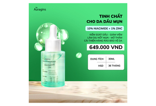 Tinh chất cho da dầu mụn The Auragins 10% Niacinamide + 1% Zinc Acne Clear Brightening Serum, giúp kiểm soát dầu, giảm viêm và làm dịu nốt mụn. Giá 649.000 VND, dung tích 30ml, hạn sử dụng 36 tháng.