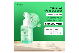 Tinh chất tẩy tế bào chết The Auragins 7.5% AHA + 0.5% BHA Gentle Peeling Serum giúp làm sáng da, giảm mụn ẩn, với dung tích 30ml, giá 649.000 VNĐ, hạn sử dụng 36 tháng.