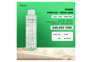 Nước cân bằng sáng da, ngừa mụn AHA PHA The Auragins Gentle Brightening Toner 150ml giúp làm sạch sâu và sáng da, chứa AHA, PHA và Niacinamide, phù hợp cho da hỗn hợp, dầu và khô, 649.000 VND.