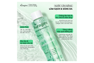 Nước cân bằng sáng da, ngừa mụn AHA PHA The Auragins Gentle Brightening Toner 150ml giúp làm sạch và sáng da, với công thức AHA/PHA và Niacinamide. Sản phẩm dịu nhẹ, an toàn cho da, tăng cường hiệu quả dưỡng da.