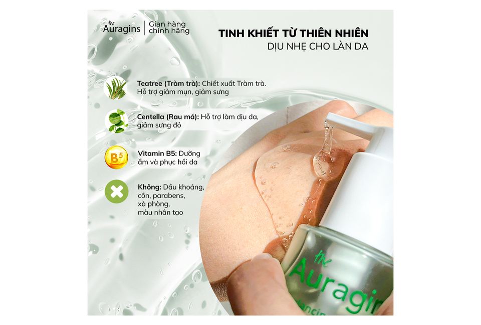 Gel rửa mặt The Auragins Oil Balancing Gel Cleanser 150ml với chiết xuất Tea Tree, Centella, và Vitamin B5 giúp làm sạch sâu, hỗ trợ trị mụn, và cân bằng dầu cho làn da khỏe mạnh. Không chứa dầu khoáng, paraben, xà phòng, và phẩm màu.