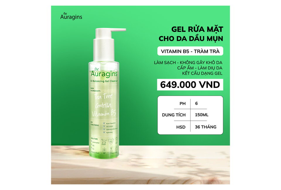 Gel rửa mặt làm sạch sâu cho da dầu mụn The Auragins Oil Balancing Gel Cleanser 150ml với thành phần chính là tràm trà, centella, và vitamin B5, giúp làm sạch da, kiểm soát dầu, và giữ ẩm, giá 649.000 VNĐ, dung tích 150ml.