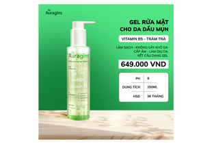 Gel rửa mặt làm sạch sâu cho da dầu mụn The Auragins Oil Balancing Gel Cleanser 150ml với thành phần chính là tràm trà, centella, và vitamin B5, giúp làm sạch da, kiểm soát dầu, và giữ ẩm, giá 649.000 VNĐ, dung tích 150ml.