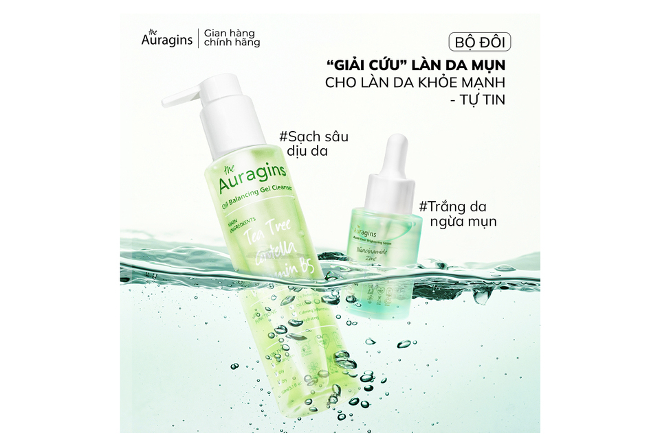 Bộ sản phẩm Combo 9 Bộ Ba Tinh Chất The Auragins gồm Gel Rửa Mặt cho Da Dầu Mụn và Tinh Chất chiết xuất Niacinamide và Kẽm, giúp làm sạch và cải thiện tình trạng da hiệu quả.