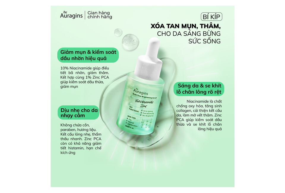 Bộ sản phẩm Combo 9 gồm Bộ Ba Tinh Chất The Auragins Da Sạch Mịn Rạng Ngời Tự Tin và Gel Rửa Mặt cho Da Dầu Mụn, hỗ trợ làm sạch và cải thiện tình trạng da hiệu quả, đem lại làn da rạng rỡ, khỏe mạnh.