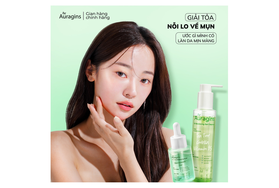 Combo 9 Bộ Ba Tinh Chất The Auragins Da Sạch Mịn Rạng Ngời Tự Tin Tặng Gel Rửa Mặt Cho Da Dầu Mụn + Đá Guasha, sản phẩm dưỡng da với công thức thiên nhiên giúp da sạch mịn, giảm mụn.