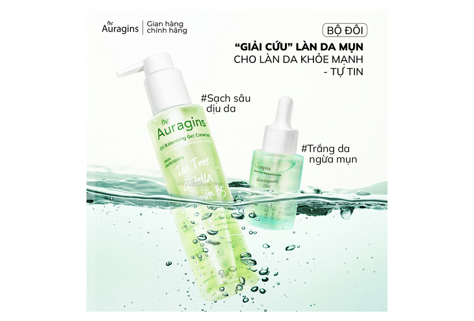 Combo 10 Bộ Đôi Tinh Chất Kiểm Soát Dầu Mụn The Auragins giúp chăm sóc da, bao gồm Gel Rửa Mặt cho da dầu mụn và Dụng Cụ Massage Mặt Gua Sha mang lại làn da khỏe mạnh và tự tin.